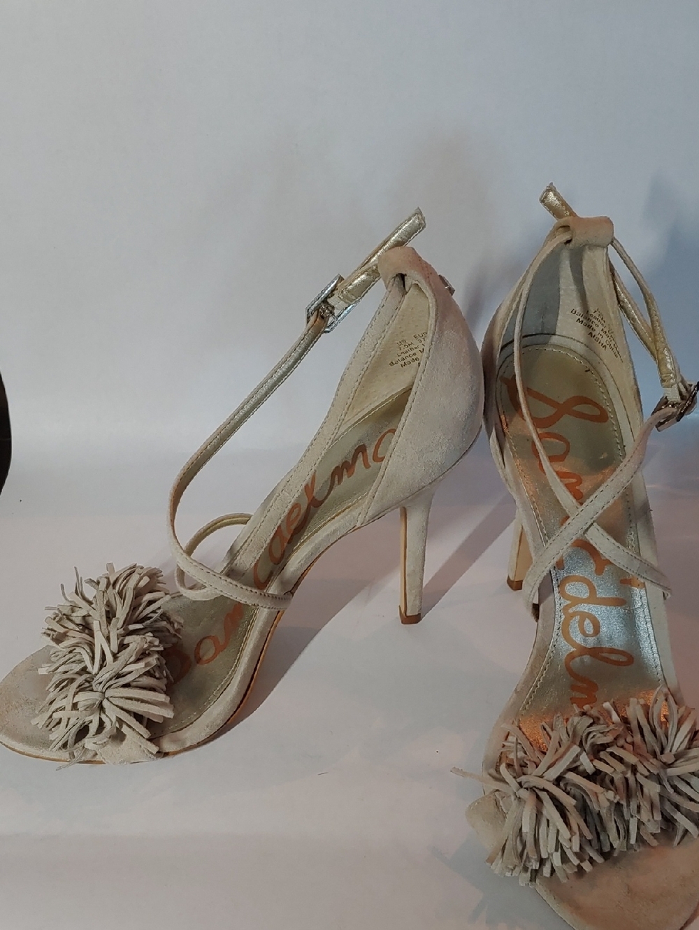 Sam Edelman's Women's Strappy Suede Pom-Pom Heeled Sandals - Light Grey